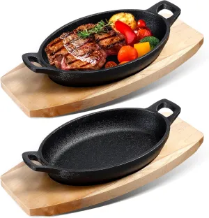 Mifoci 2 Sets Mini Cast Iron Skillet with Wooden Base - Fajita Plates, Baker's Skillet - Matte Black, Small Cast Iron Pan for Kitchen, Restaurant, Barbecue Dinner (8.5 x 6.1 x 1.7 Inches)