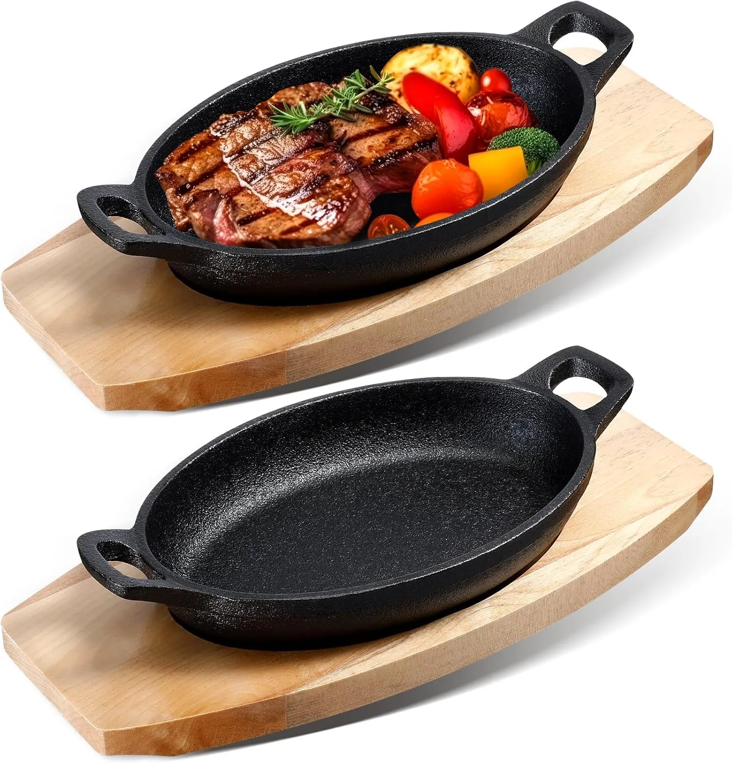 Mifoci 2 Sets Mini Cast Iron Skillet with Wooden Base - Fajita Plates, Baker's Skillet - Matte Black, Small Cast Iron Pan for Kitchen, Restaurant, Barbecue Dinner (8.5 x 6.1 x 1.7 Inches)