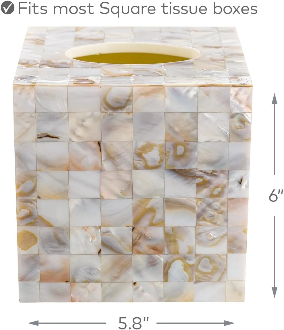 Milano Tissue Box Cover Square – Decorative Tissue Holder for Bathroom - Beautiful Natural Mother of Pearl Capiz Shells Tissue Box Holder - Cube Tissue Box Cover with Durable Bottom Slider