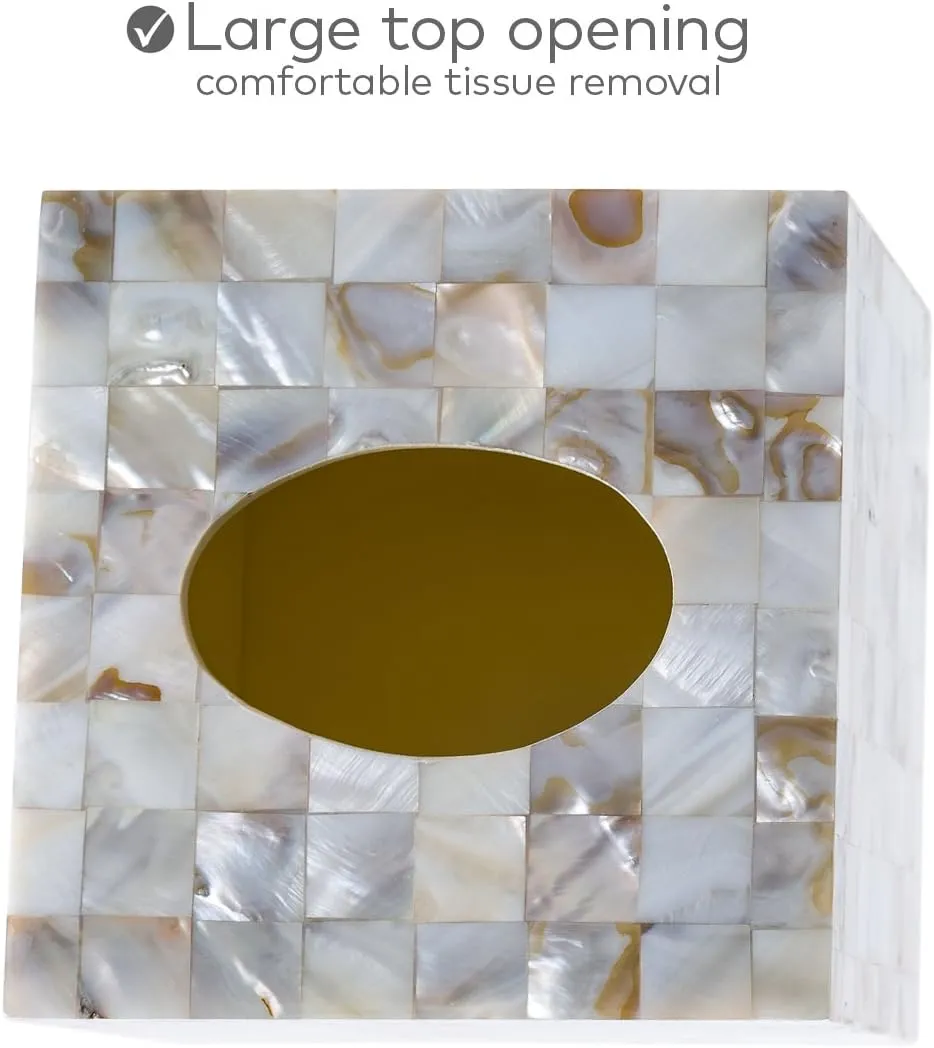 Milano Tissue Box Cover Square – Decorative Tissue Holder for Bathroom - Beautiful Natural Mother of Pearl Capiz Shells Tissue Box Holder - Cube Tissue Box Cover with Durable Bottom Slider