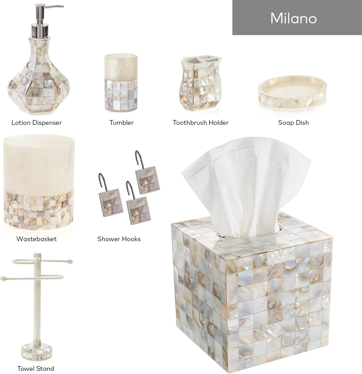 Milano Tissue Box Cover Square – Decorative Tissue Holder for Bathroom - Beautiful Natural Mother of Pearl Capiz Shells Tissue Box Holder - Cube Tissue Box Cover with Durable Bottom Slider