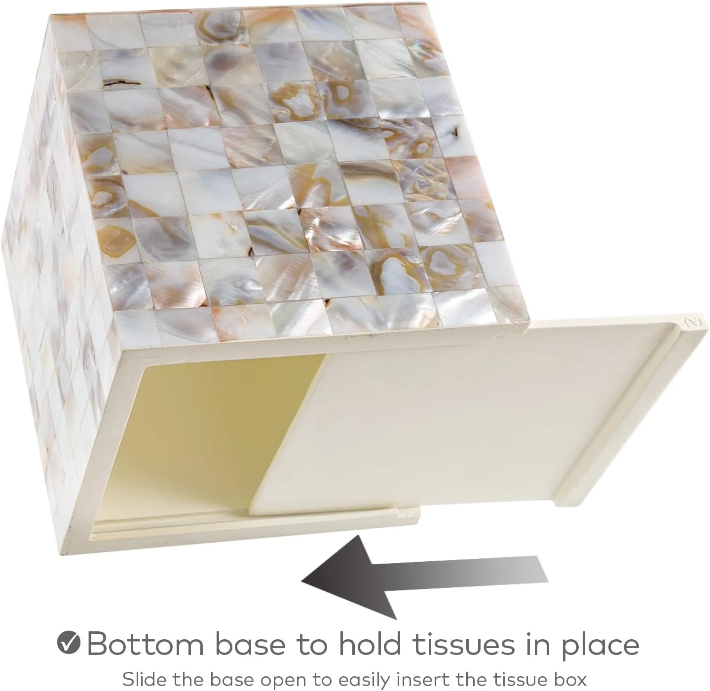 Milano Tissue Box Cover Square – Decorative Tissue Holder for Bathroom - Beautiful Natural Mother of Pearl Capiz Shells Tissue Box Holder - Cube Tissue Box Cover with Durable Bottom Slider