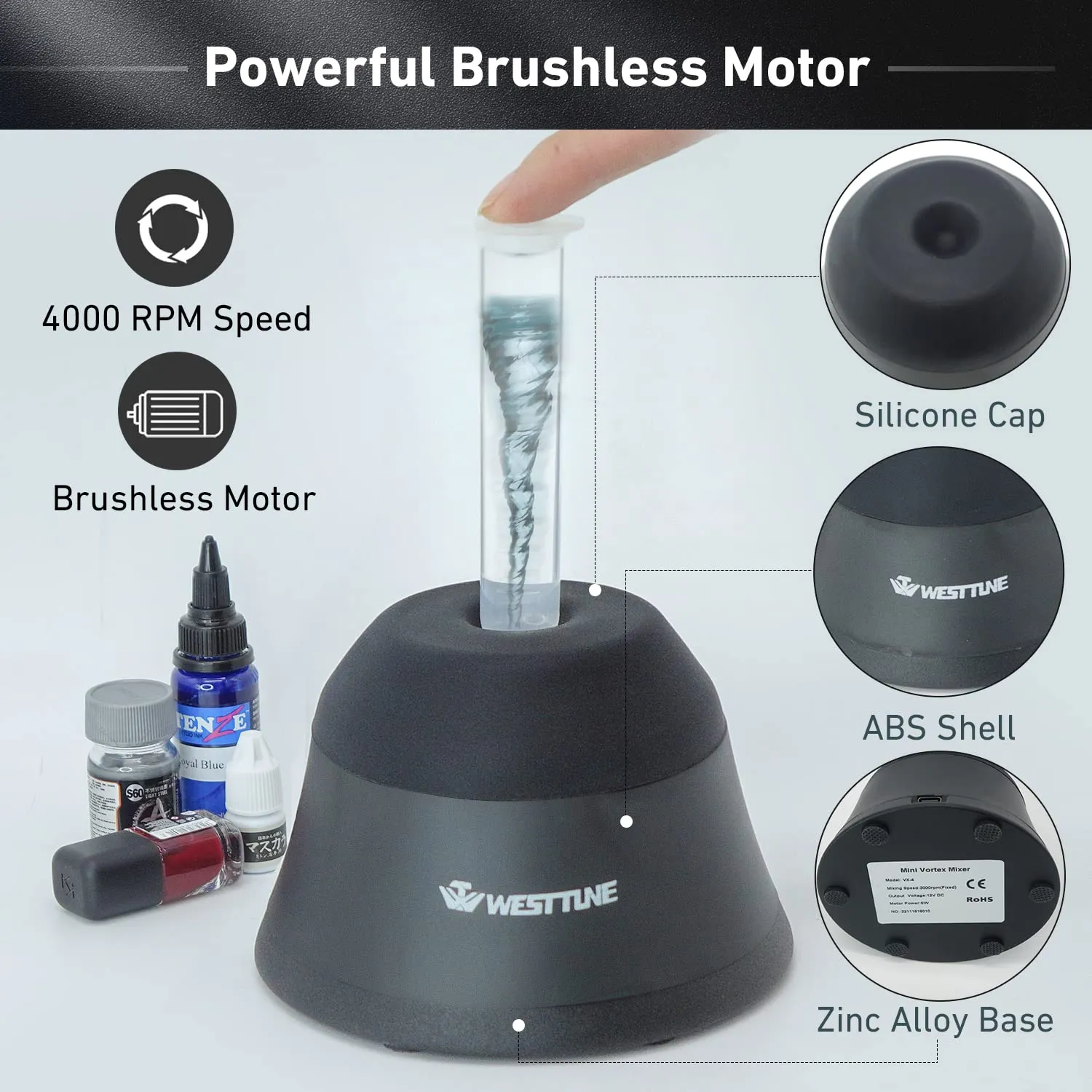 Mini Vortex Mixer 4000rpm High-Speed Paint Shaker & Paint Mixer for Acrylic Paints, Gel Polish, Tattoo Ink, Eyelash Adhesives, Test Tubes & Centrifuge Tubes | Touch Function Vortexer, Black