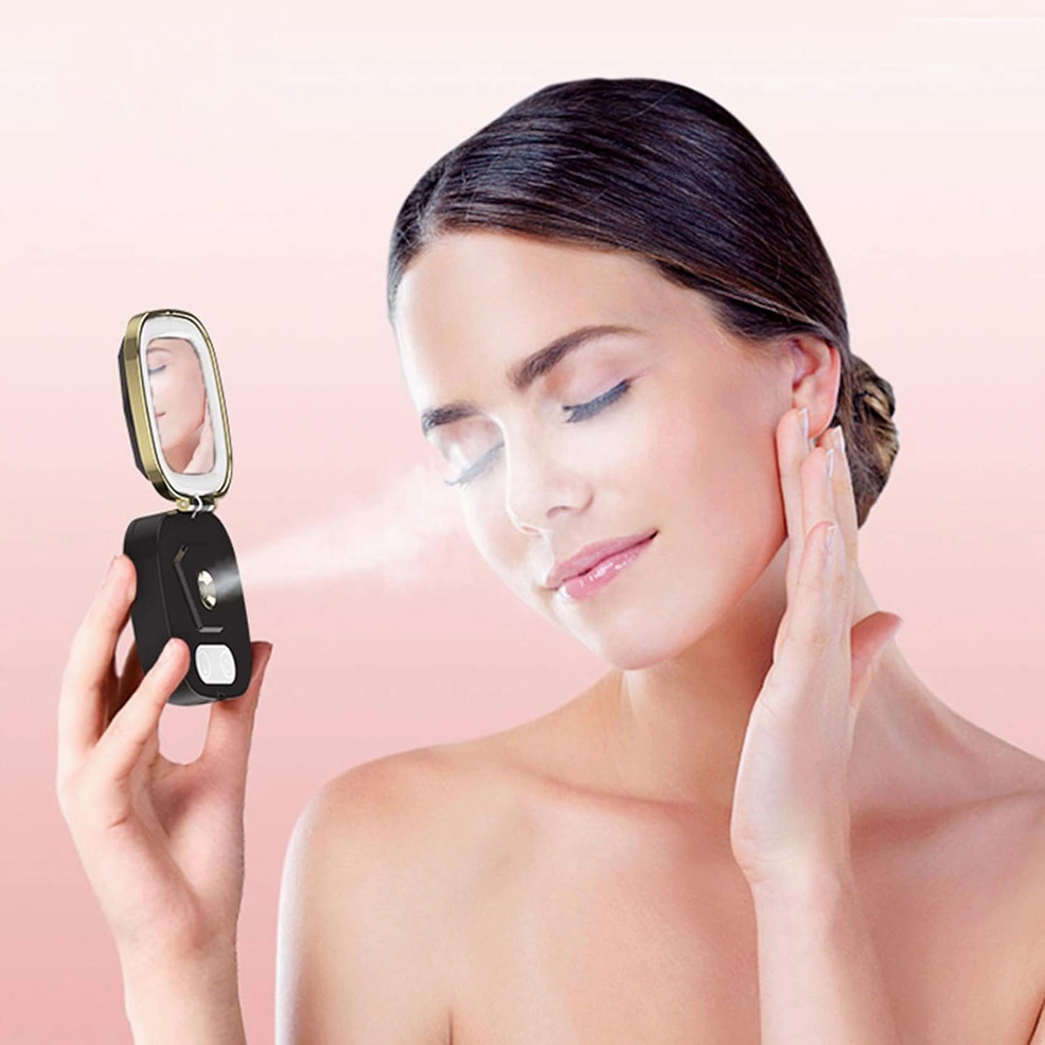 Mini Facial Steamer - Portable Spa Humidifier with Make-Up Mirror, LED Light 3 Mode, Face Mist Sprayer Nano Ionic Warm Mist, Face Sauna, Moisture Skin,Black