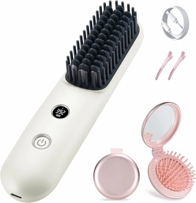 Mini Portable Travel Cordless Negative Ionic Hair Straightener Brush and Curler 2 in 1 - Hot Comb for Women, Foldable Mirror Brush, White