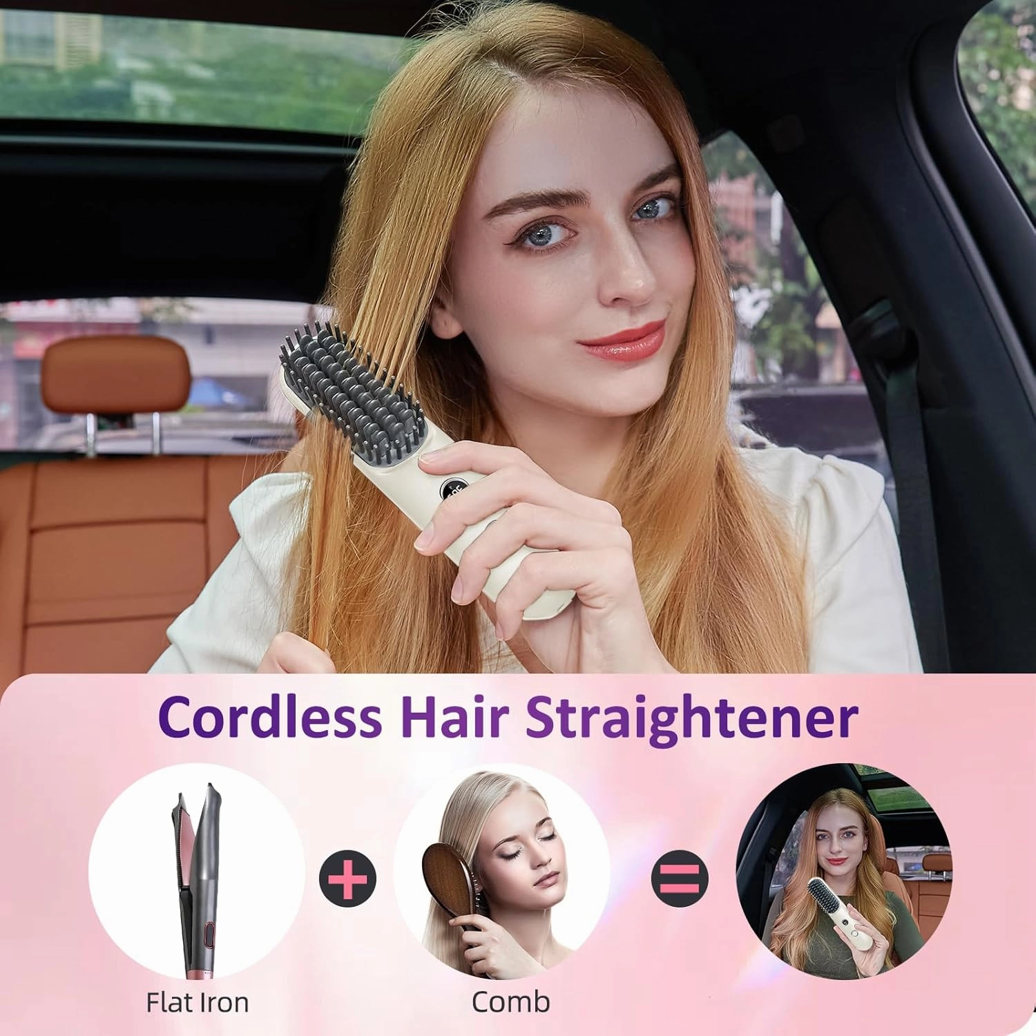 Mini Portable Travel Cordless Negative Ionic Hair Straightener Brush and Curler 2 in 1 - Hot Comb for Women, Foldable Mirror Brush, White