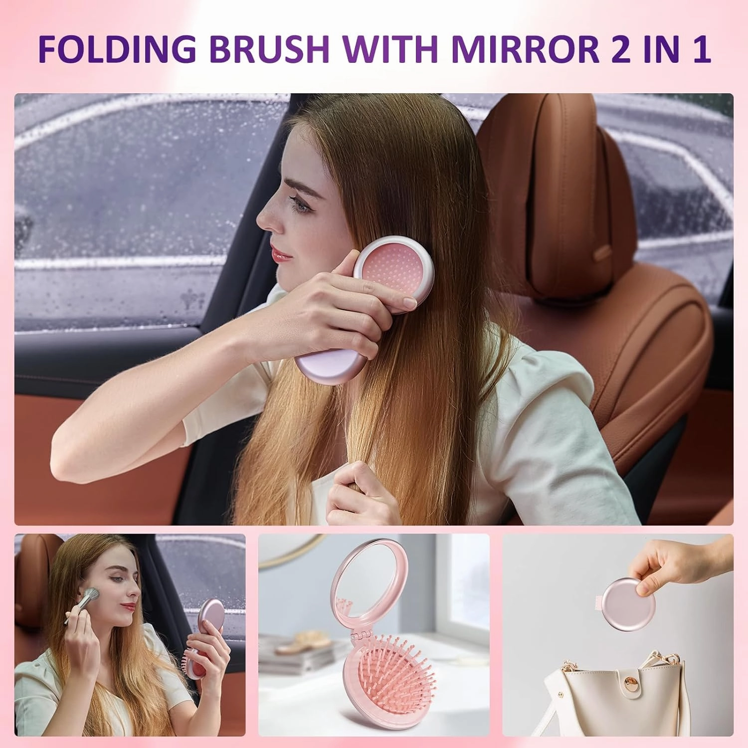 Mini Portable Travel Cordless Negative Ionic Hair Straightener Brush and Curler 2 in 1 - Hot Comb for Women, Foldable Mirror Brush, White