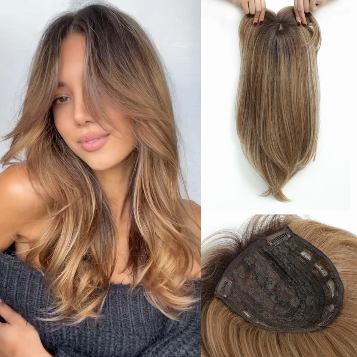Molefi 19inch Hair Topper,6.5x6.5inch Large Base Synthetic Toppers for Women with Thinning Hair Brown With Dark Root Hairpieces for Women