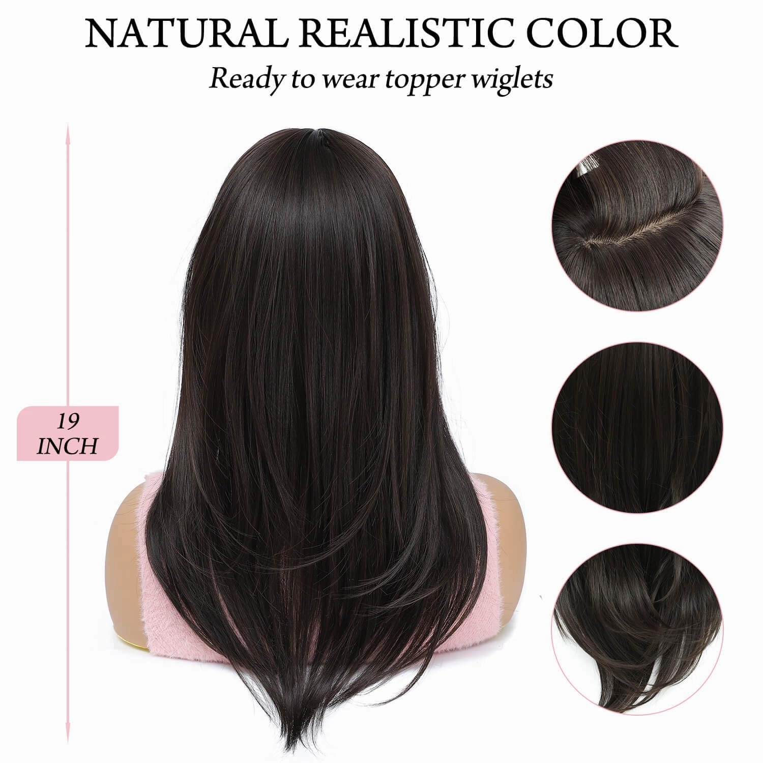 Molefi 19inch Synthetic Hair Toppers for Women's Thinning Hair - 6.5x6.5inch Large Coverage, Black Brown Color