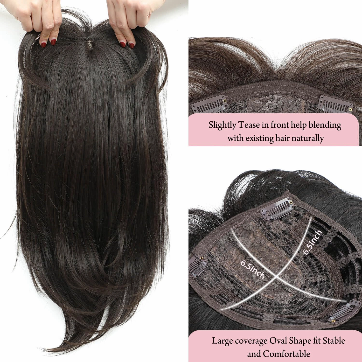 Molefi 19inch Synthetic Hair Toppers for Women's Thinning Hair - 6.5x6.5inch Large Coverage, Black Brown Color
