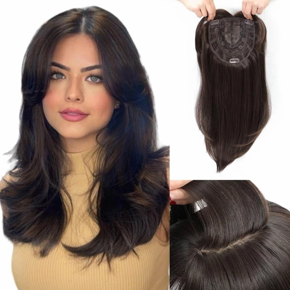 Molefi 19inch Synthetic Hair Toppers for Women's Thinning Hair - 6.5x6.5inch Large Coverage, Black Brown Color