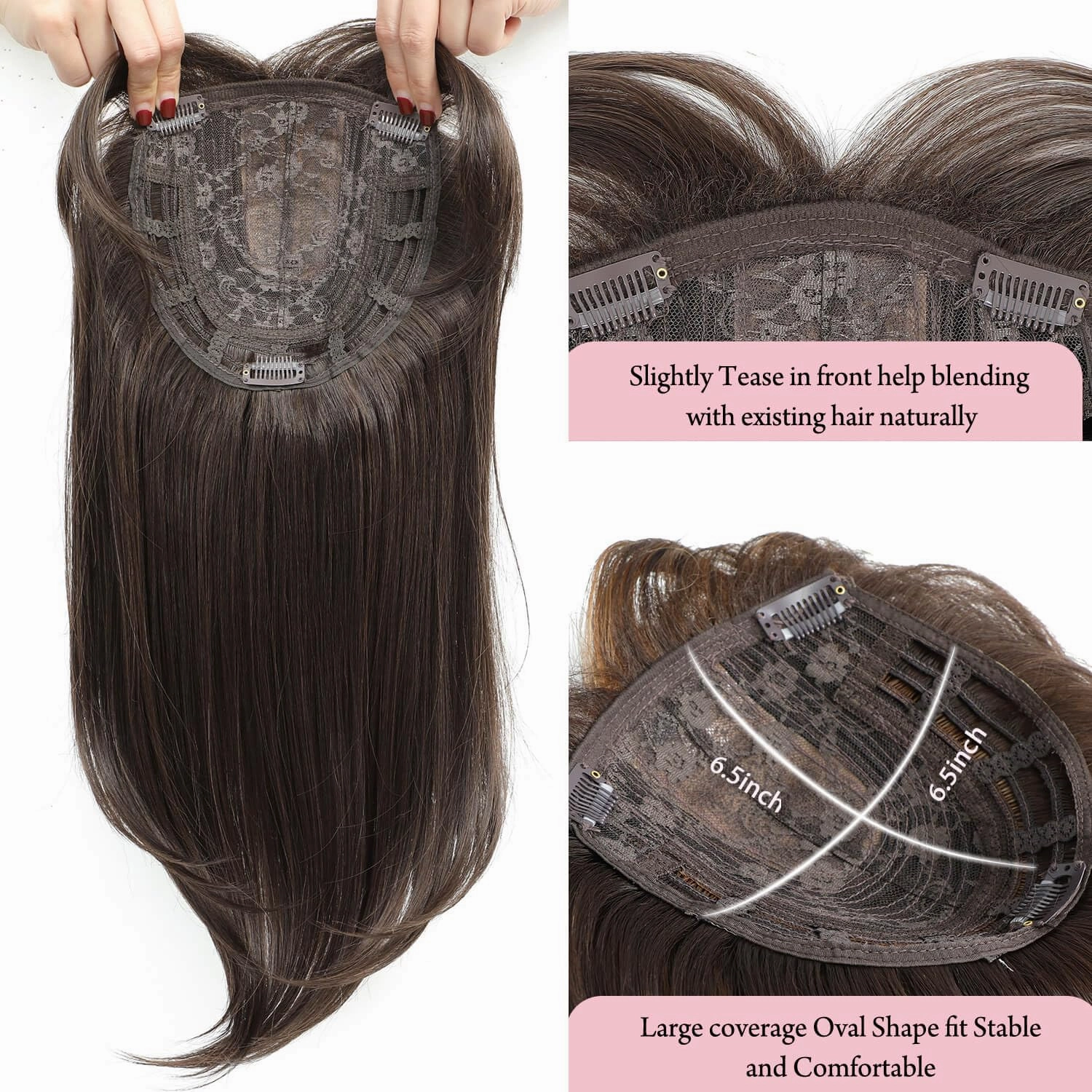 Molefi 6.5x6.5Inch Hair Toppers for Women for Hair Loss, 19inch Hair Topper Synthetic Hair Toppers for Thin Hair Dark Brown with Highlights Hair Toppers Wiglets Hair Pieces for Women