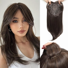 Molefi 6.5x6.5Inch Hair Toppers for Women for Hair Loss, 19inch Hair Topper Synthetic Hair Toppers for Thin Hair Dark Brown with Highlights Hair Toppers Wiglets Hair Pieces for Women