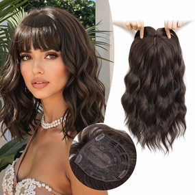Molefi Hair Topper 14inch Curly Hair Toppers with Bangs for Women Synthetic Wiglets Hairpieces for Adding Volume Black Brown