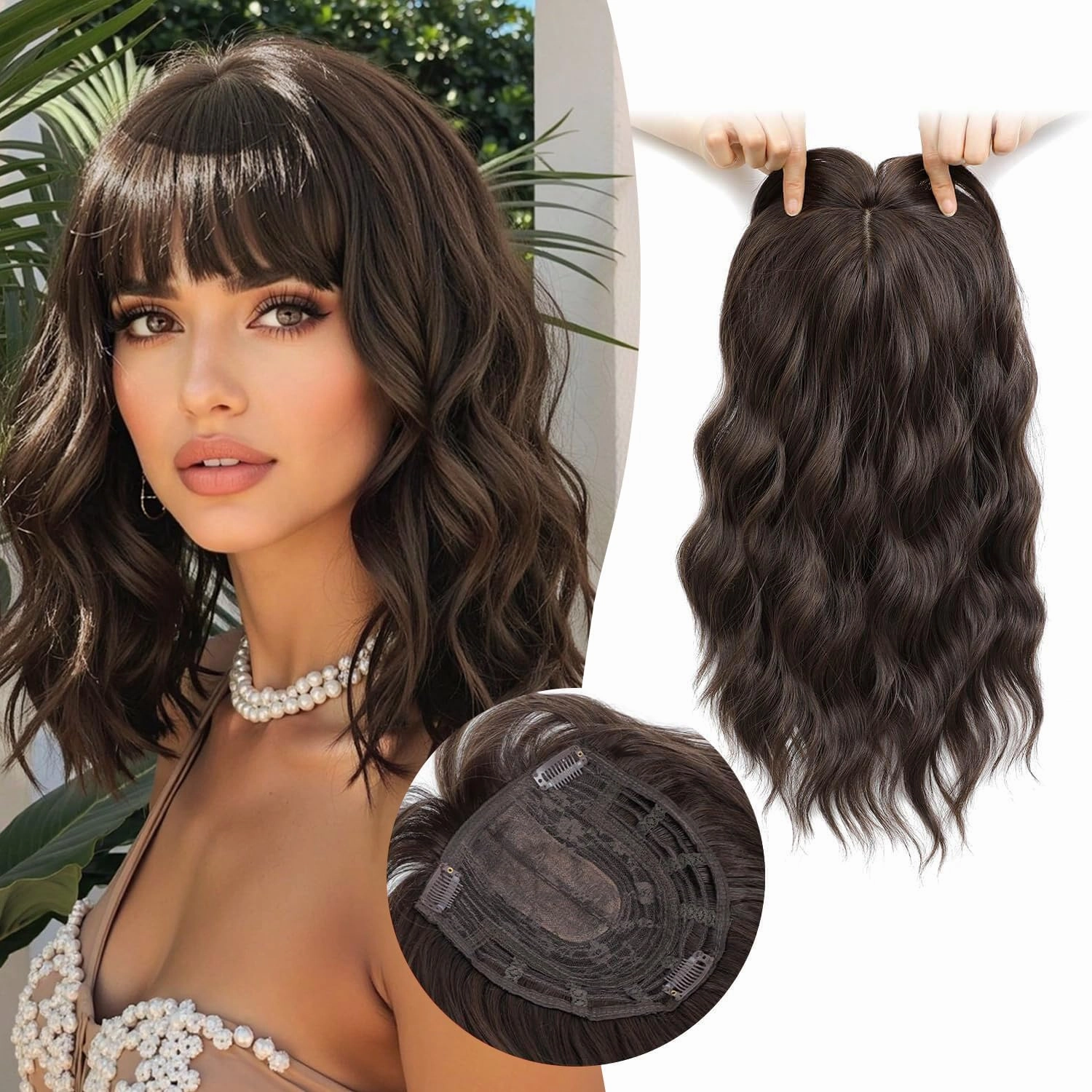 Molefi Hair Topper 14inch Curly Hair Toppers with Bangs for Women Synthetic Wiglets Hairpieces for Adding Volume Black Brown