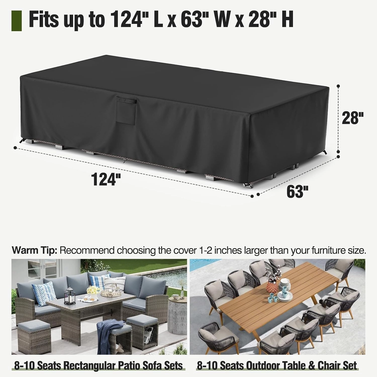MR.COVER Outdoor Furniture Cover Waterproof, 600D Heavy Duty Rectangular Tear-Resistant Windproof Protective Patio Table protection Size 124L x 63W x 28H inch Color Black