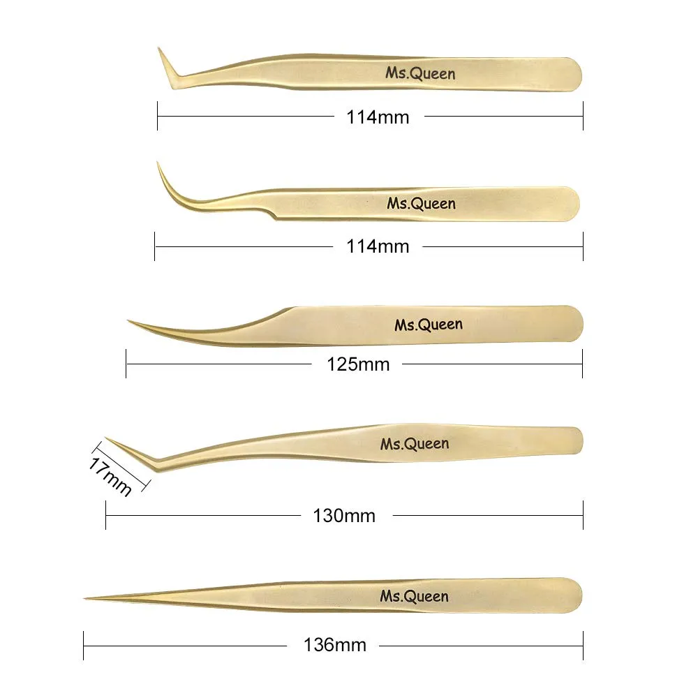 Ms.Queen Eyelash Extension Tweezers Set-Precision Tweezers for 2D-6D Volume&Individual False Lashes Extensions with PU Storage Case-Golden