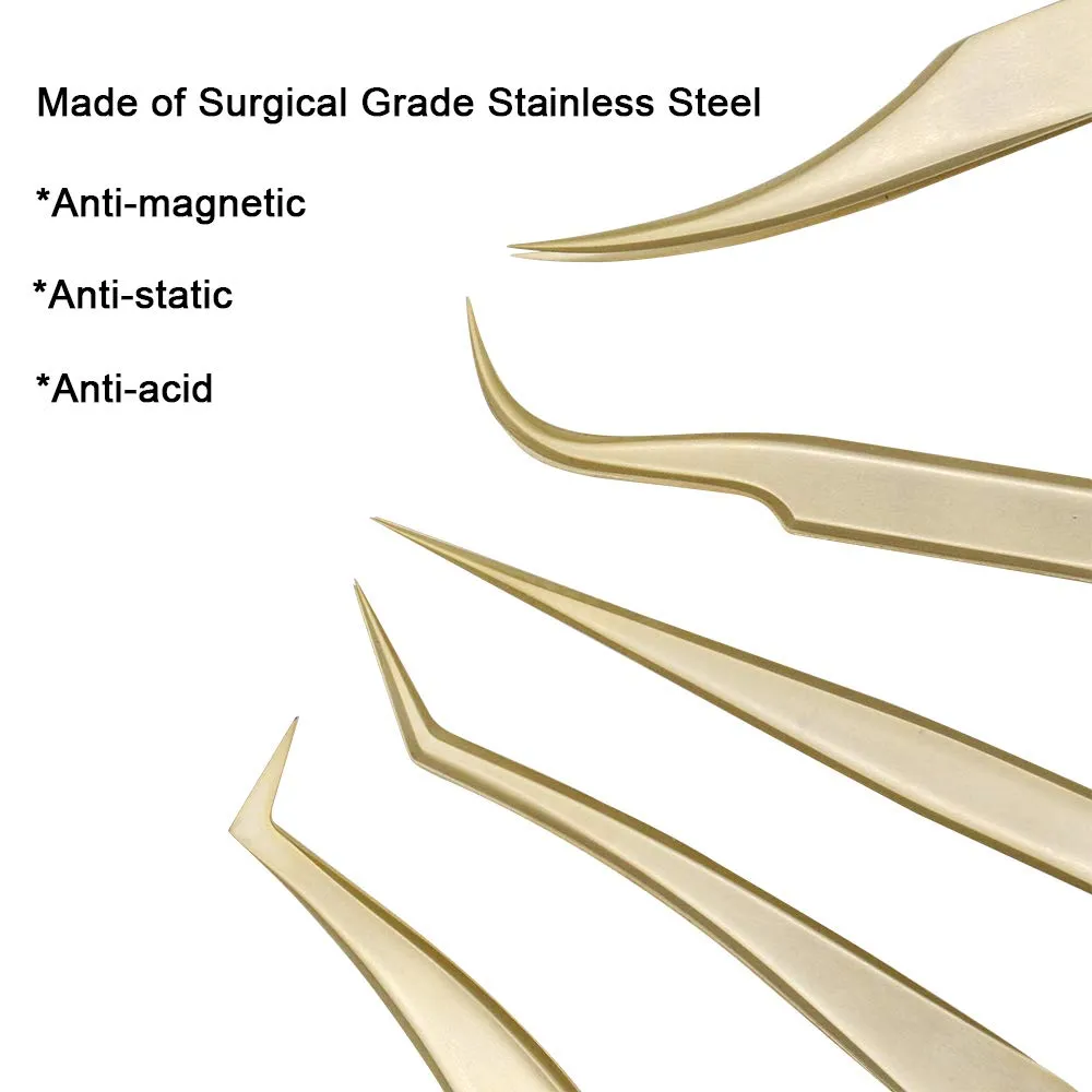 Ms.Queen Eyelash Extension Tweezers Set-Precision Tweezers for 2D-6D Volume&Individual False Lashes Extensions with PU Storage Case-Golden