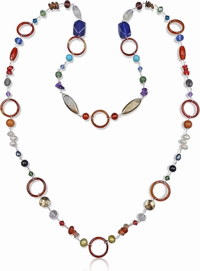 Multi Gemstone Cultured Freshwater Pearl MOP Crystal Wire Wrapped Wire Twisted Beaded Chain Boho Style Long Station Necklace for Women, about 44" Long.