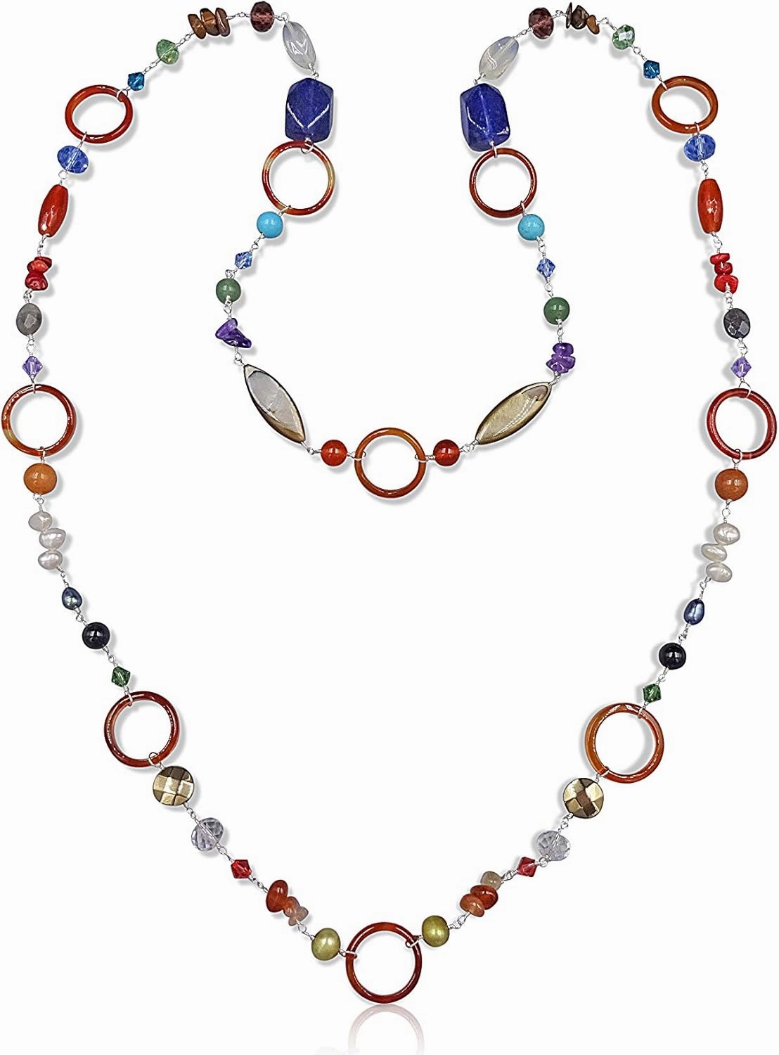 Multi Gemstone Cultured Freshwater Pearl MOP Crystal Wire Wrapped Wire Twisted Beaded Chain Boho Style Long Station Necklace for Women, about 44" Long.