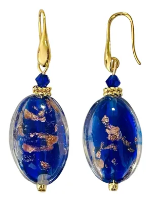 Murano Style Glass Earrings (Blue & Gold), Large 20mm Oval Shape Glass Beads Statement Jewelry, 18k Gold Plated Handmade Drop Dangle Earrings for Women