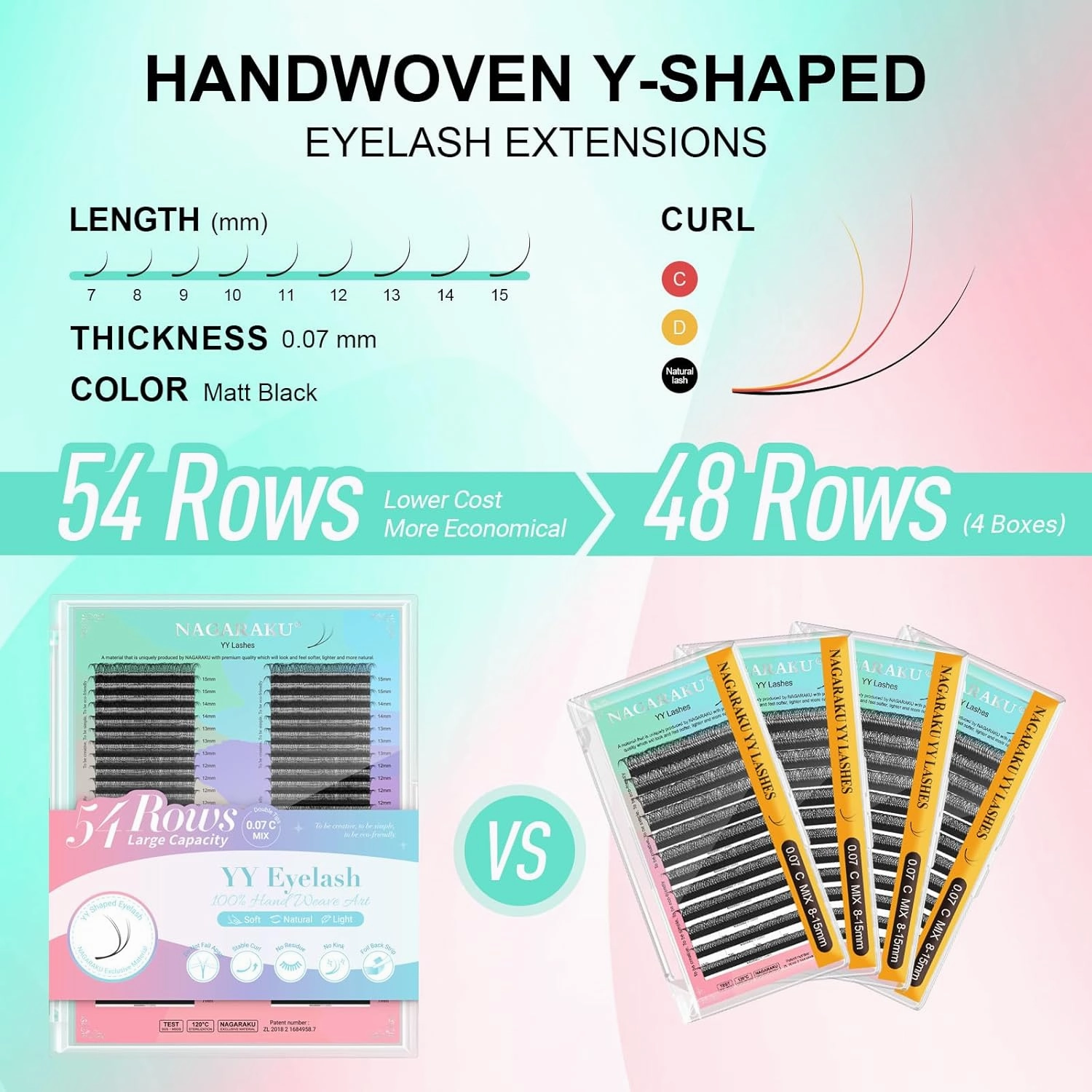 NAGARAKU YY Eyelash Extensions High Capacity 54 Rows 0.07 C Curl 7-15mm Mix Length Supplies Y Lash 4D Russian Volume Cross YY Eyelashes Handwoven Y Shaped Mesh Technology Wispy Cluster Matte Black
