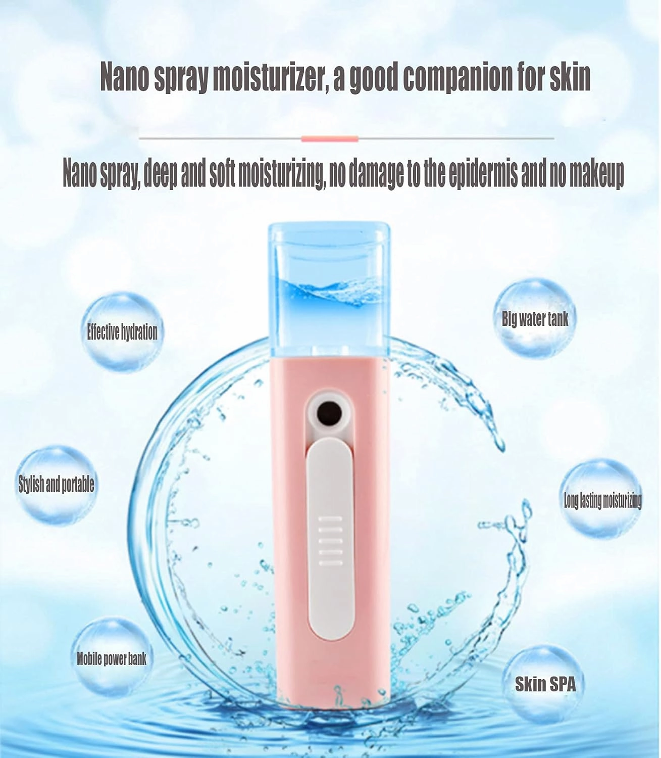 Nano Facial Spray Nano Sprayer, Portable Mr. Nano Facial Sprayer Facial Steamer Sprayer is Suitable for Office Makeup Eyelash Extension(Color:Pink)