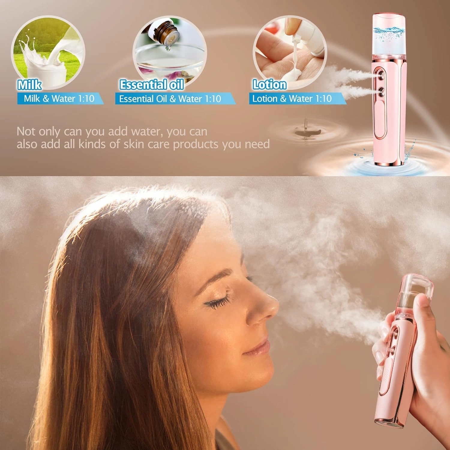 Nano Mister Cool Face Mister with 2 Spray Nozzle, Mini Facial Mister with 30ml Visual Water Tank, USB Handheld Nano Mist Sprayer for Eyelash Extensions, Makeup, Skin Care (Pink)