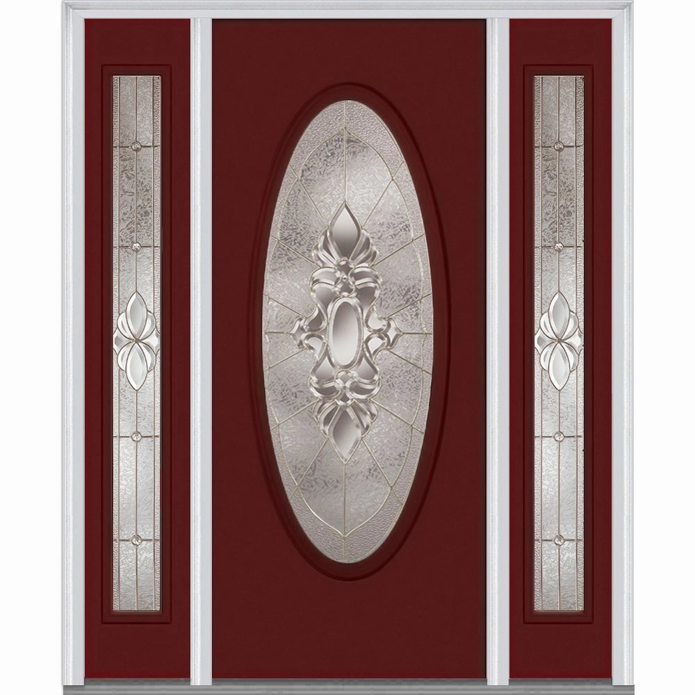 National Door Company ZZ14870R Fiberglass Smooth, Burgundy, Right Hand in-Swing, Exterior Prehung Door, Heirloom Master Large Oval, 36"x80" with 14" Sidelites