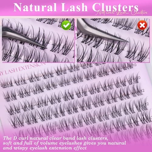 Natural Lash Clusters Kit Wispy Invisible Band Cluster Eyelash Extensions Kit 8-16mm Individual Lashes Extension Kit DIY D Curl Eyelash Clusters with Clear Lash Bond and Seal, Lash Tweezers by Wtvane