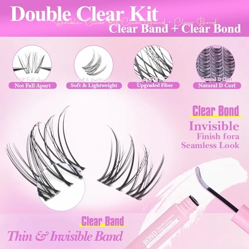 Natural Lash Clusters Kit Wispy Invisible Band Cluster Eyelash Extensions Kit 8-16mm Individual Lashes Extension Kit DIY D Curl Eyelash Clusters with Clear Lash Bond and Seal, Lash Tweezers by Wtvane