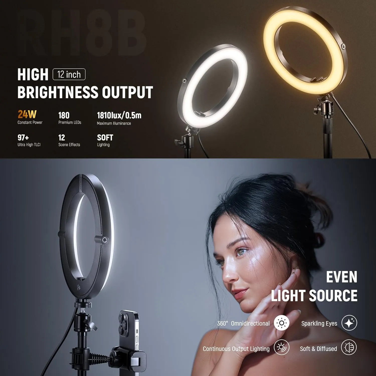 NEEWER 12" 24W High Power Desk Ring Light with Stand/Phone Holder, LED Selfie Video Conference Lighting for iPhone Streaming Makeup Vlog Recording Laptop Computer Webcam Zoom Call Podcast, RH12B