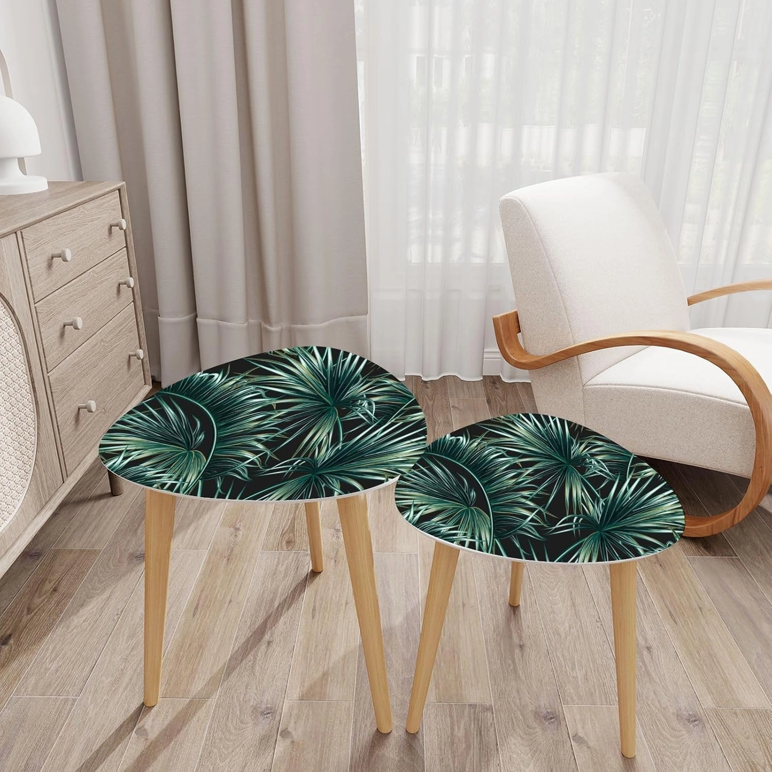 Nesting Triangle End Coffe Table Set of 2 Tropical Palm Leaves Seamless Floral Modern Minimalist Side Bamboo Tea Table for Living Room Bedroom Balcony