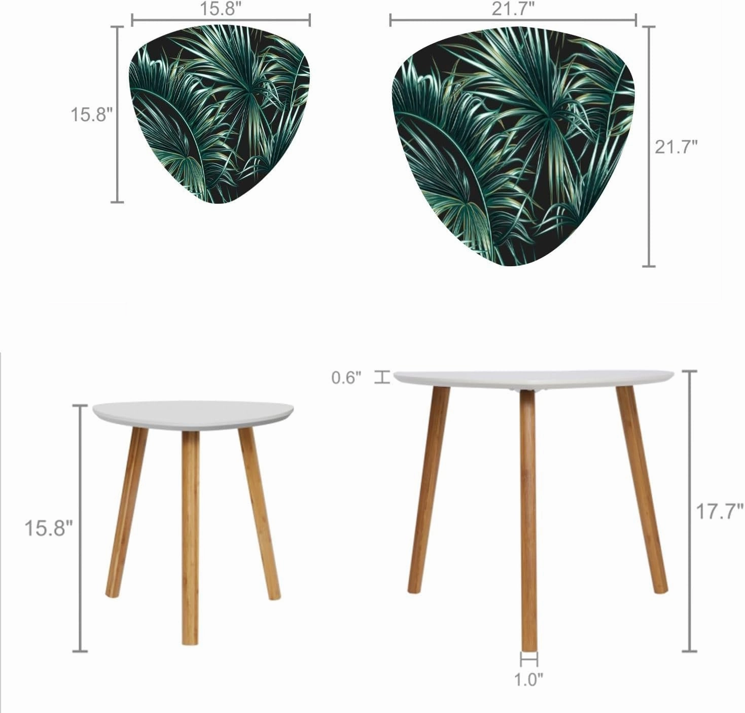 Nesting Triangle End Coffe Table Set of 2 Tropical Palm Leaves Seamless Floral Modern Minimalist Side Bamboo Tea Table for Living Room Bedroom Balcony