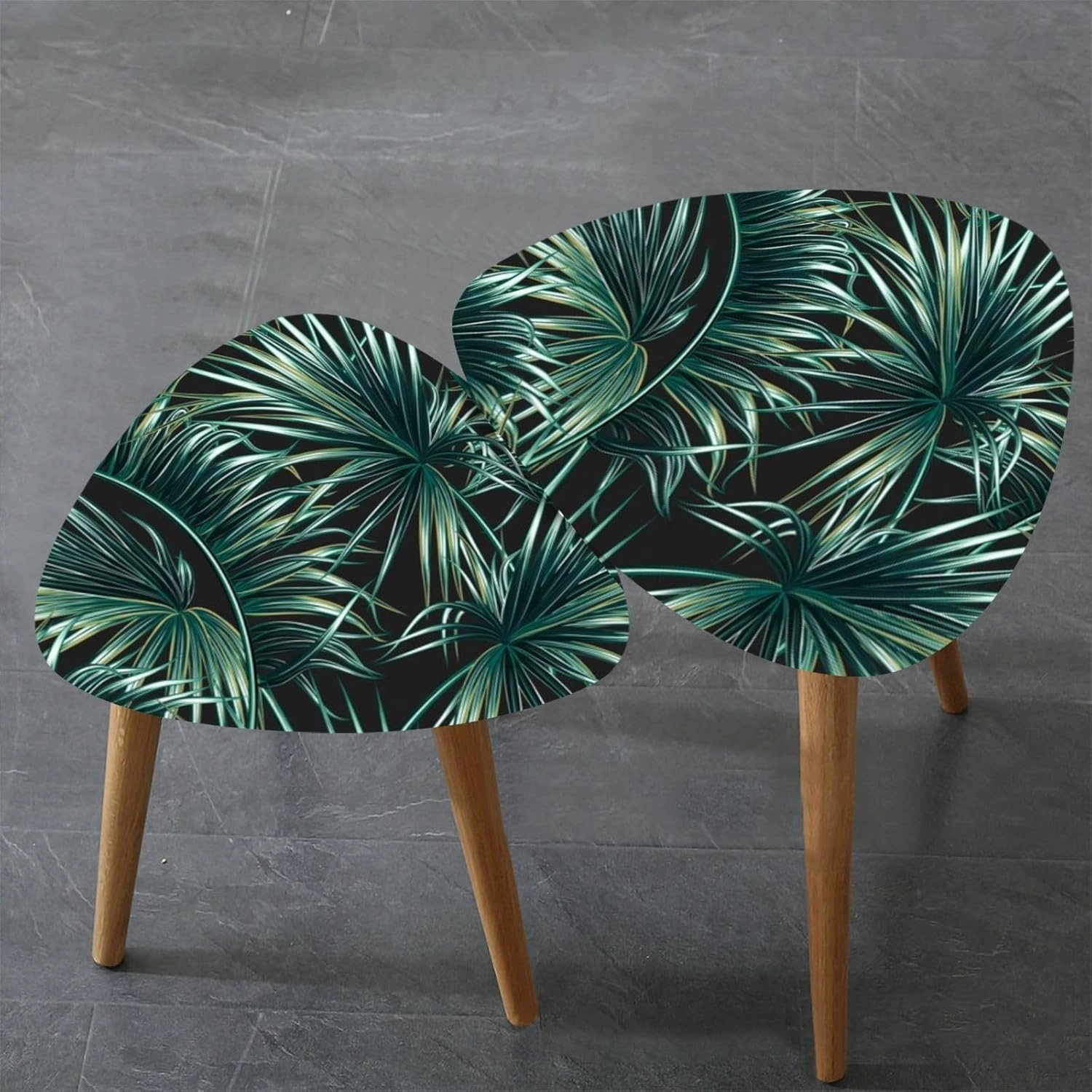 Nesting Triangle End Coffe Table Set of 2 Tropical Palm Leaves Seamless Floral Modern Minimalist Side Bamboo Tea Table for Living Room Bedroom Balcony