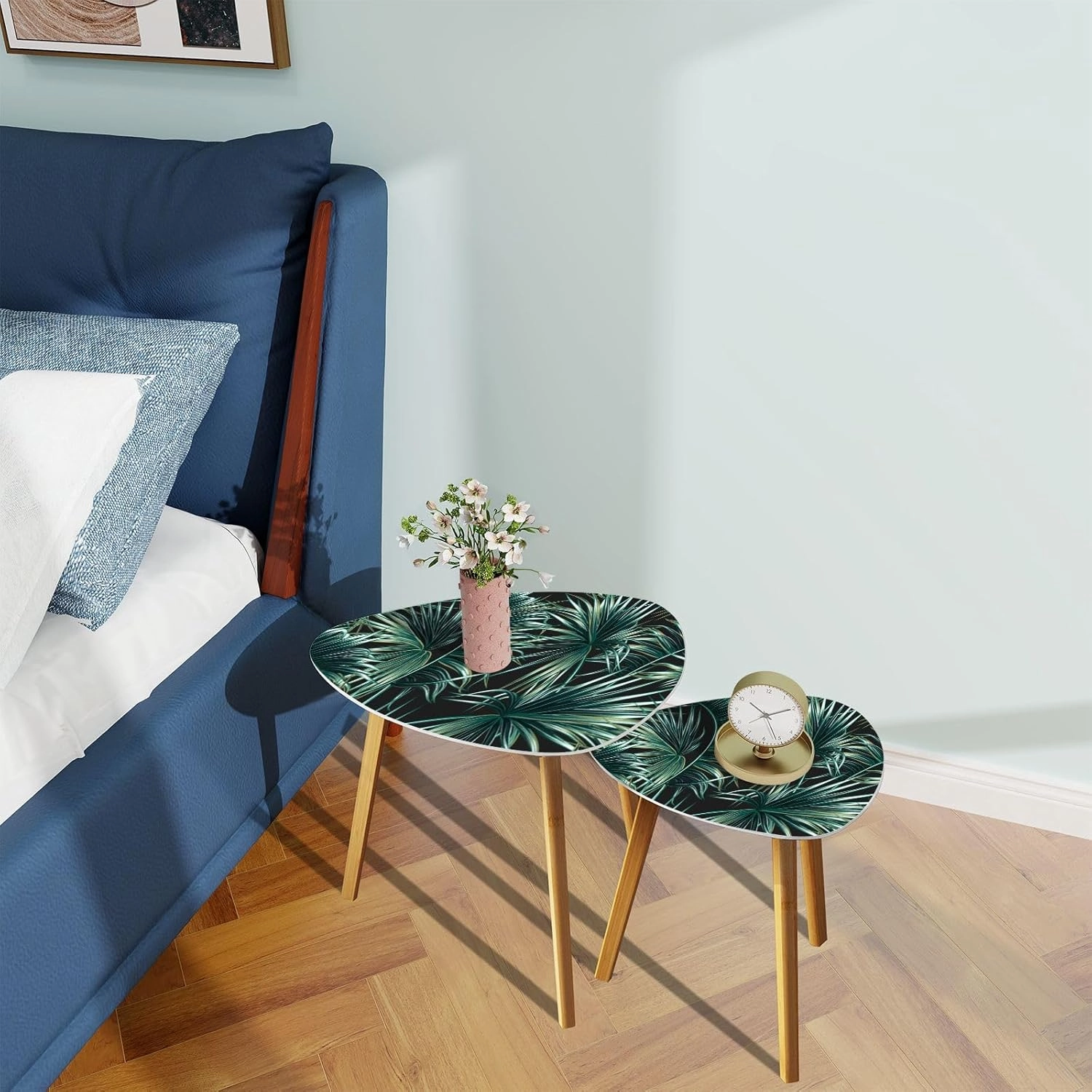 Nesting Triangle End Coffe Table Set of 2 Tropical Palm Leaves Seamless Floral Modern Minimalist Side Bamboo Tea Table for Living Room Bedroom Balcony