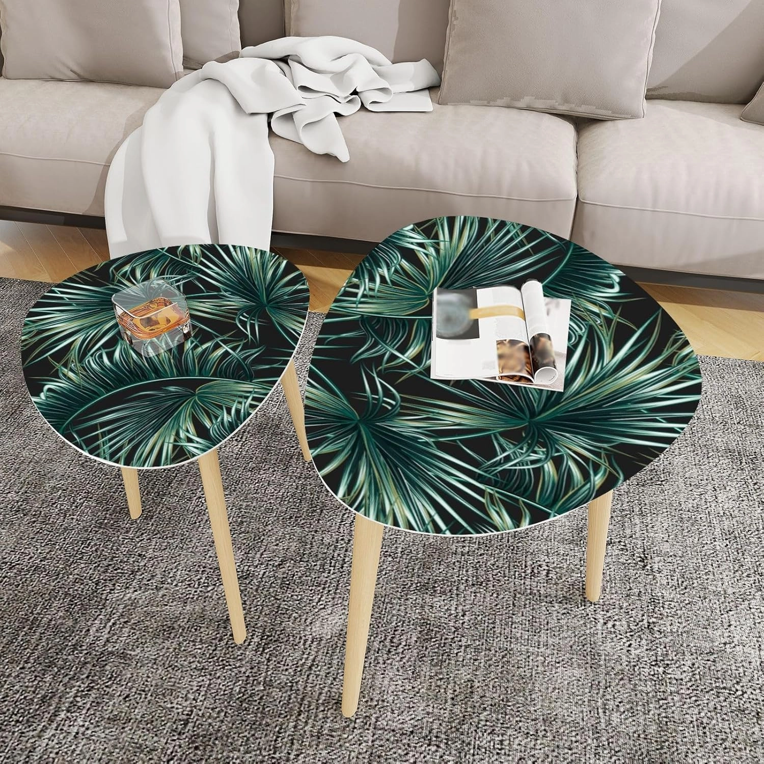 Nesting Triangle End Coffe Table Set of 2 Tropical Palm Leaves Seamless Floral Modern Minimalist Side Bamboo Tea Table for Living Room Bedroom Balcony