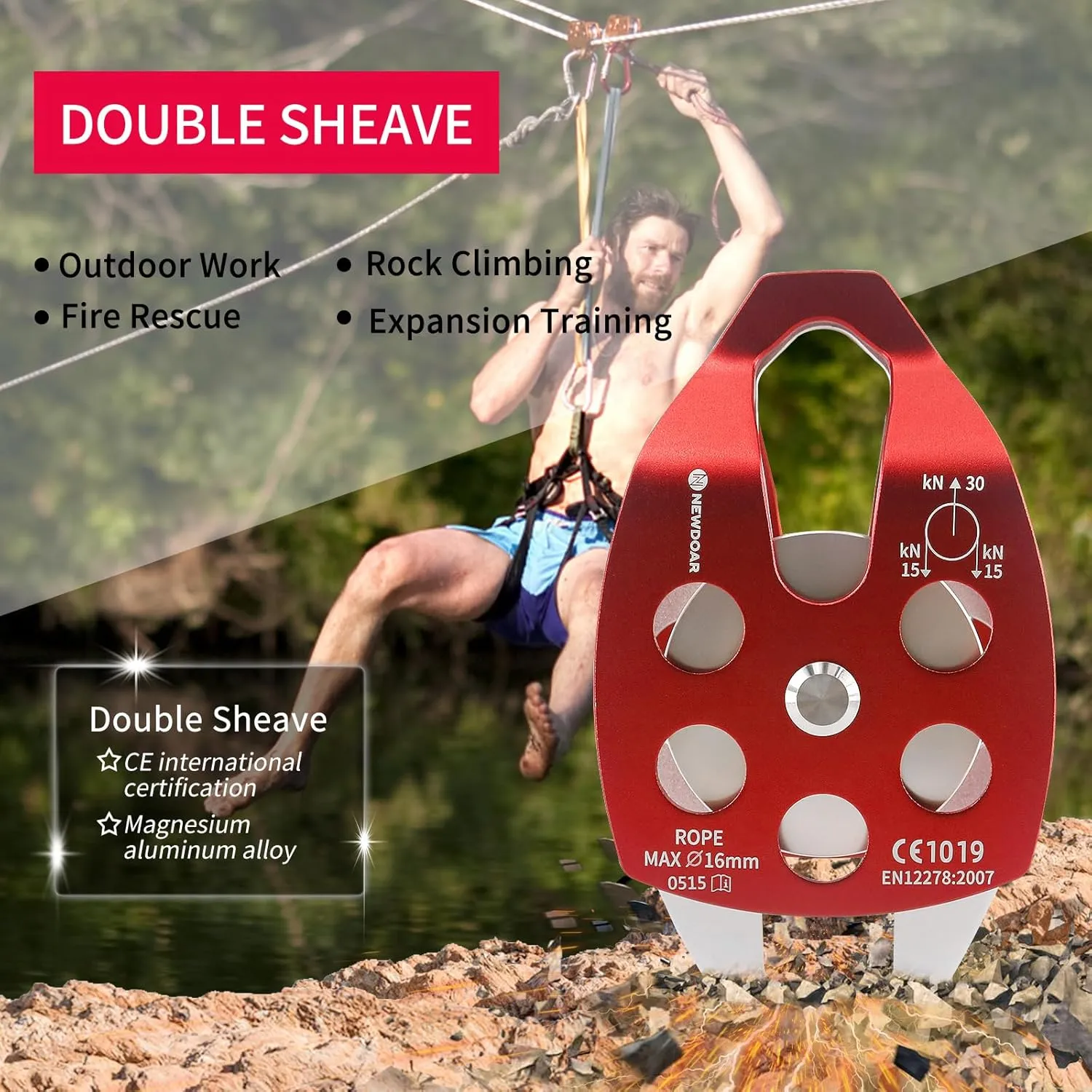 NewDoar 30 KN CE Certified Large Rescue Pulley Single/Double Sheave with Swing Plate