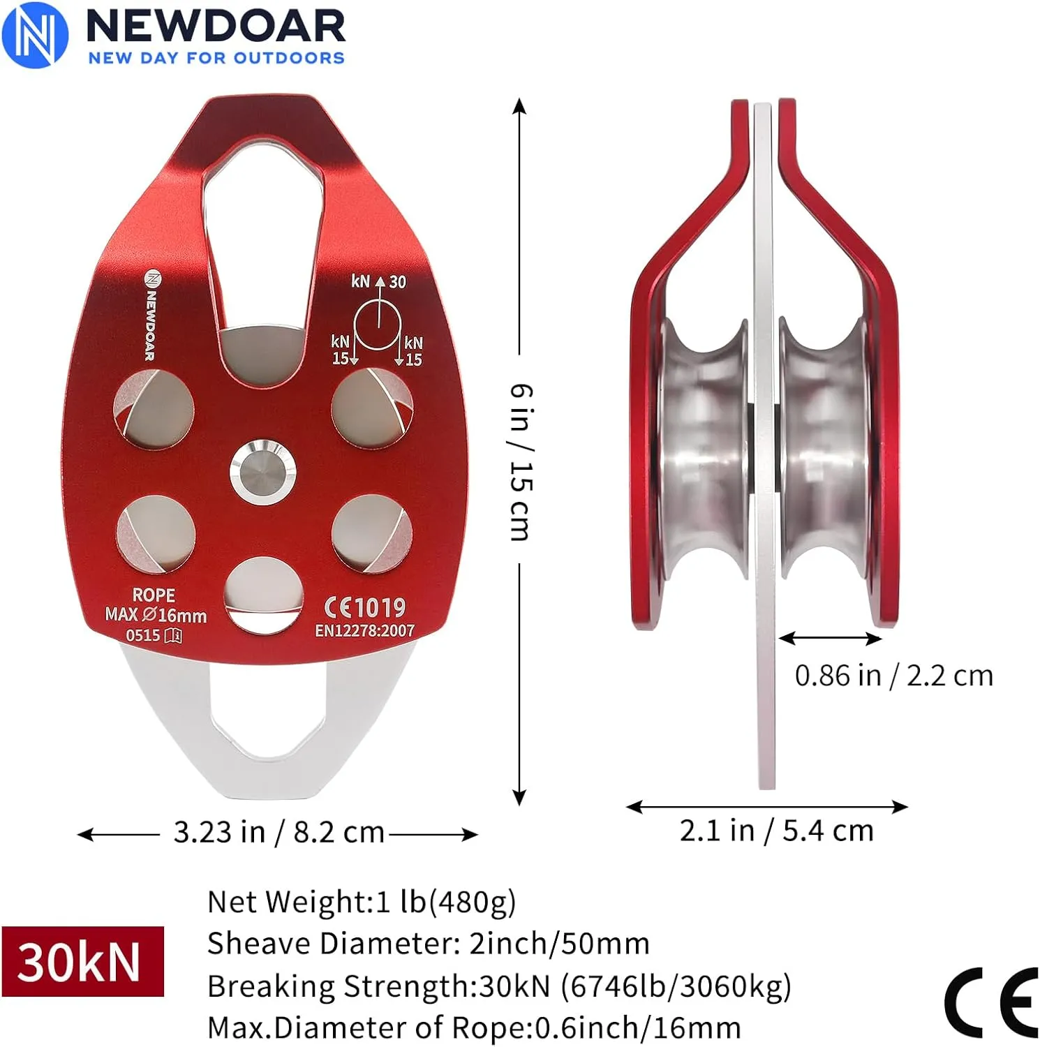 NewDoar 30 KN CE Certified Large Rescue Pulley Single/Double Sheave with Swing Plate