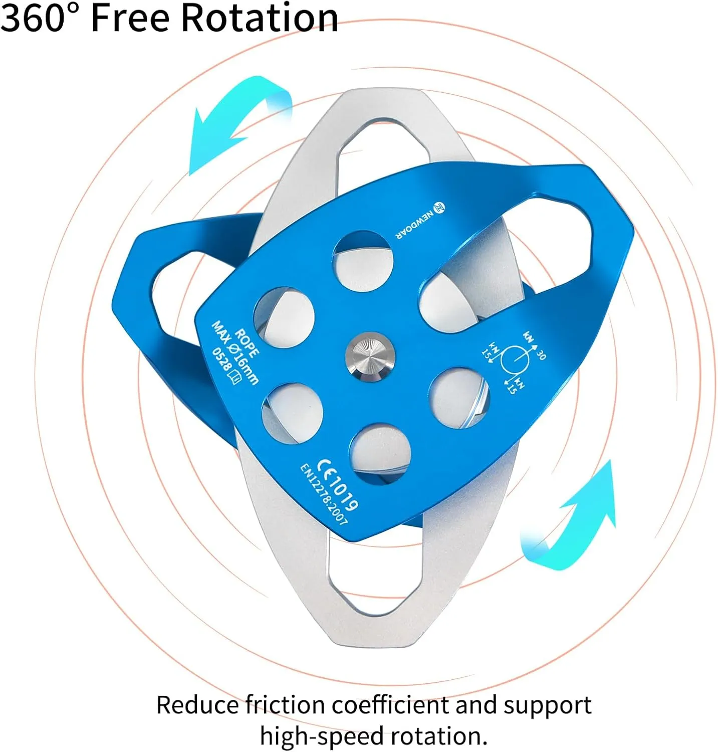 NewDoar 30 KN CE Certified Large Rescue Pulley Single/Double Sheave with Swing Plate