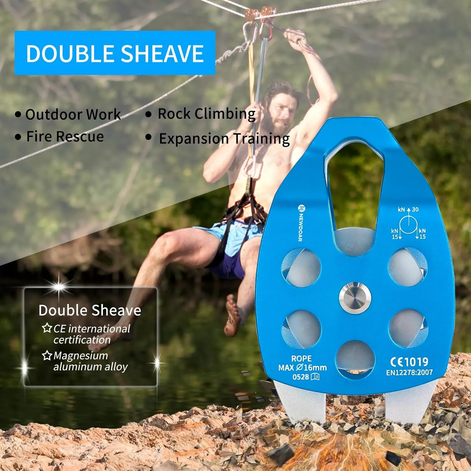 NewDoar 30 KN CE Certified Large Rescue Pulley Single/Double Sheave with Swing Plate