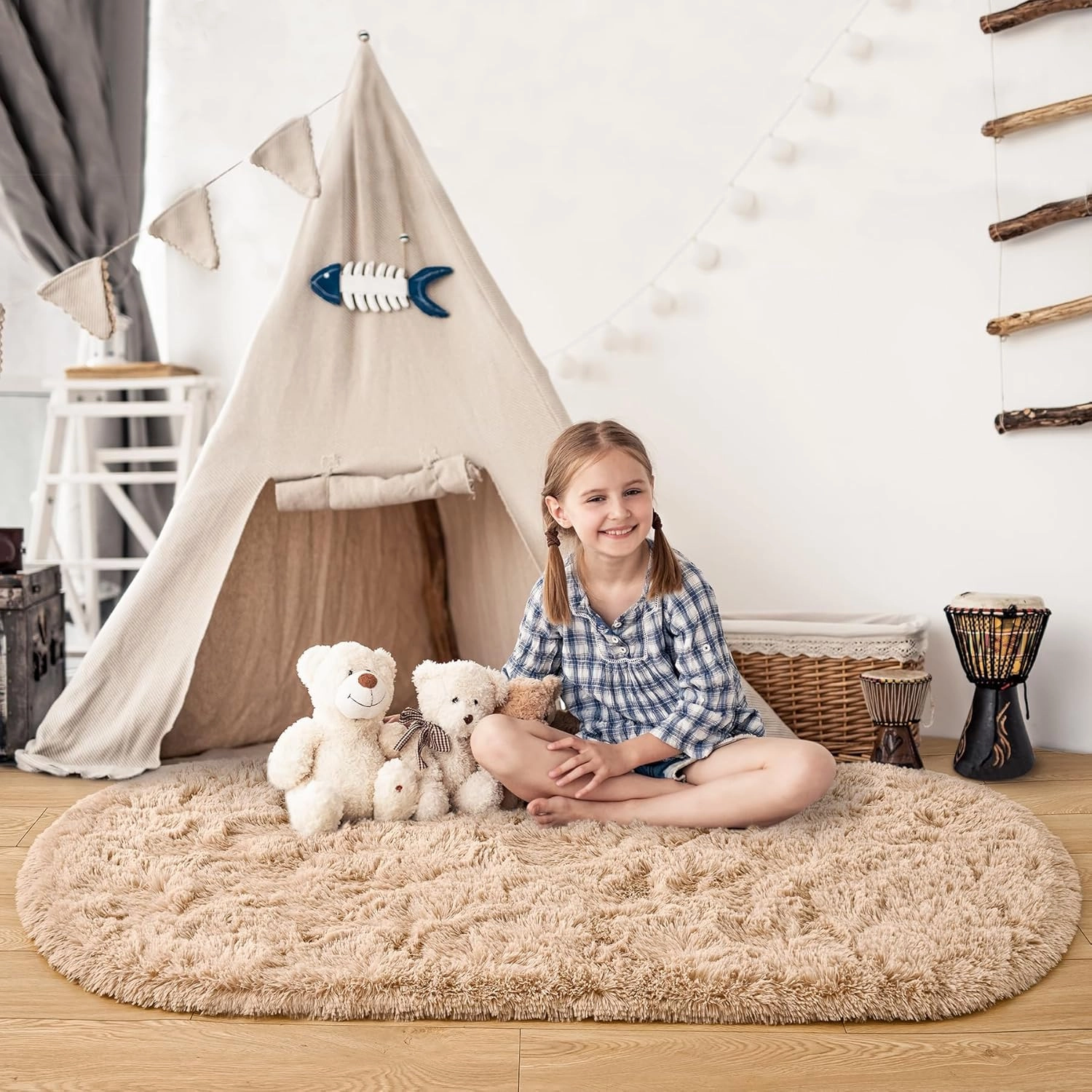 Noahas Fluffy Beige Rugs for Bedroom Living Room,2.6'X5.3' Oval Throw Rug for Kids Room,Shag Hallway Runner Rug,Small Soft Shaggy Bedside Non-Slip Plush Nursery Dorm Carpet Home Decor Aesthetic