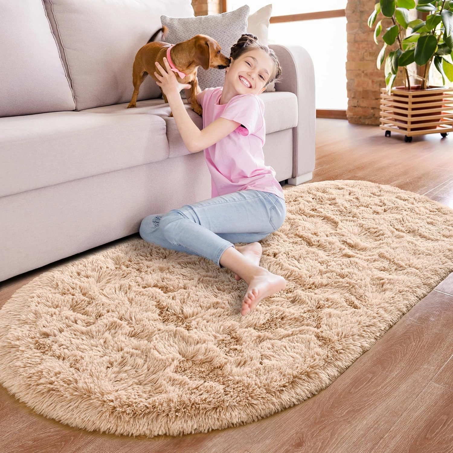 Noahas Fluffy Beige Rugs for Bedroom Living Room,2.6'X5.3' Oval Throw Rug for Kids Room,Shag Hallway Runner Rug,Small Soft Shaggy Bedside Non-Slip Plush Nursery Dorm Carpet Home Decor Aesthetic