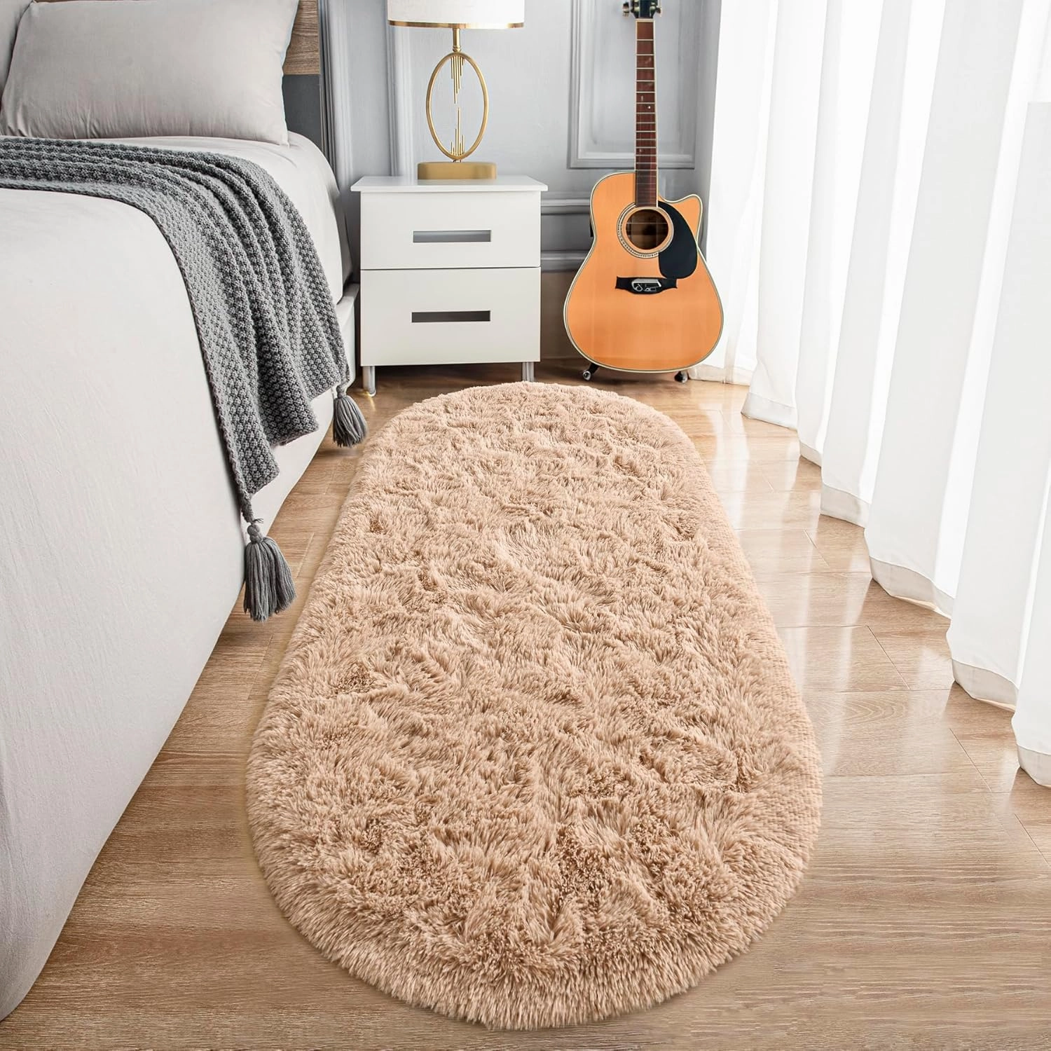 Noahas Fluffy Beige Rugs for Bedroom Living Room,2.6'X5.3' Oval Throw Rug for Kids Room,Shag Hallway Runner Rug,Small Soft Shaggy Bedside Non-Slip Plush Nursery Dorm Carpet Home Decor Aesthetic