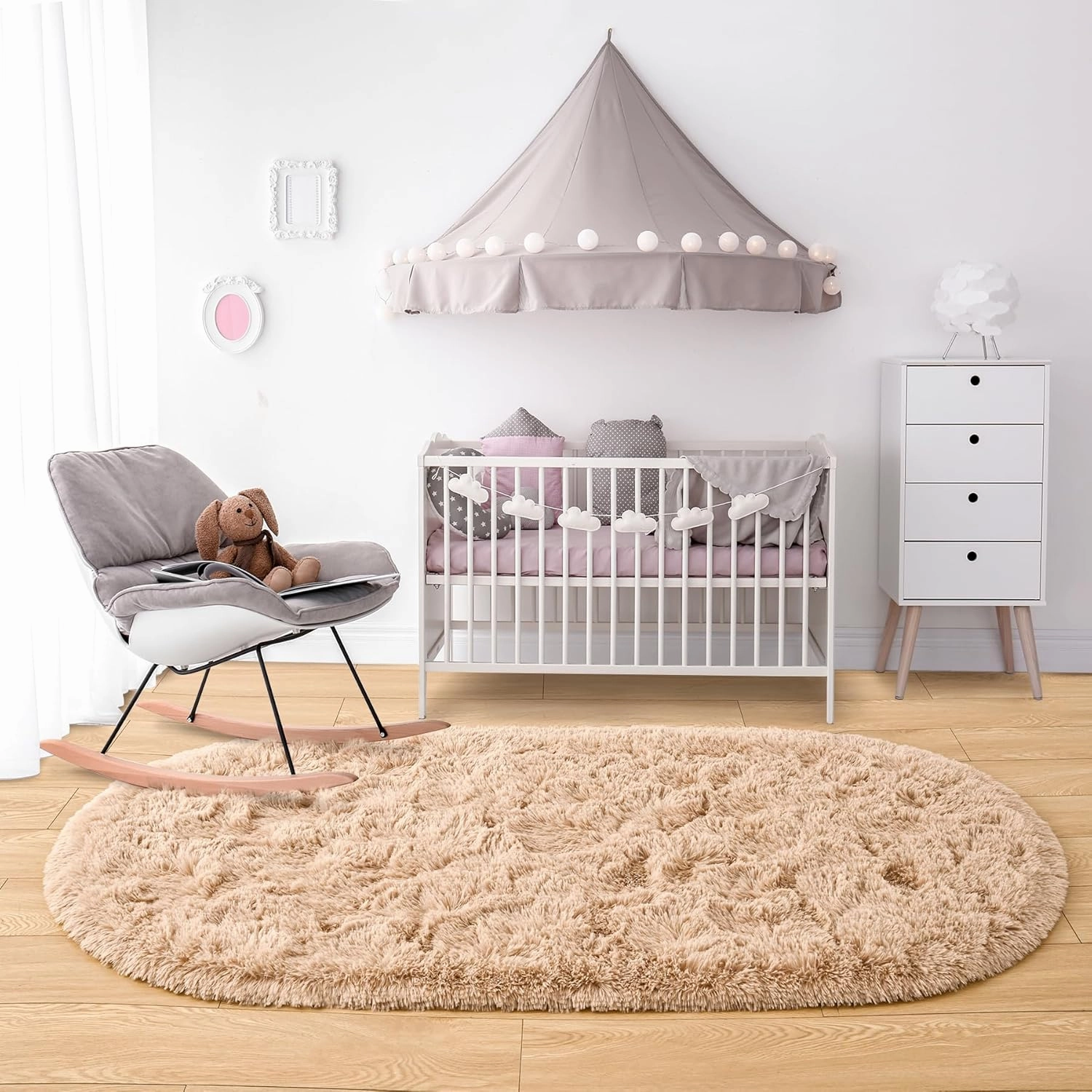 Noahas Fluffy Beige Rugs for Bedroom Living Room,2.6'X5.3' Oval Throw Rug for Kids Room,Shag Hallway Runner Rug,Small Soft Shaggy Bedside Non-Slip Plush Nursery Dorm Carpet Home Decor Aesthetic