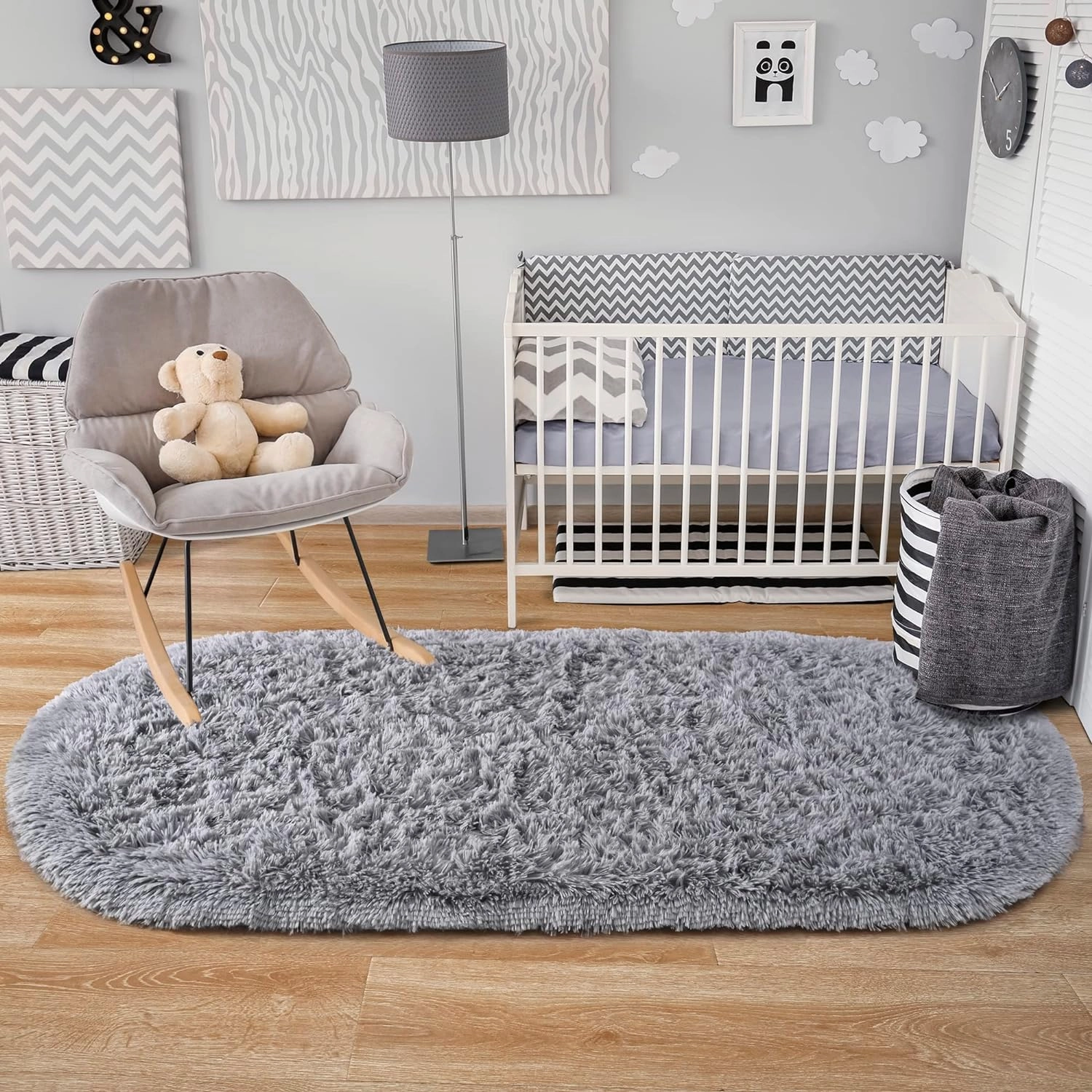 Noahas Fluffy Grey Rugs for Bedroom Living Room,2.6'X5.3' Oval Throw Rug for Kids Room,Shag Hallway Runner Rug,Small Soft Shaggy Bedside Non-Slip Plush Nursery Dorm Carpet Home Decor Aesthetic