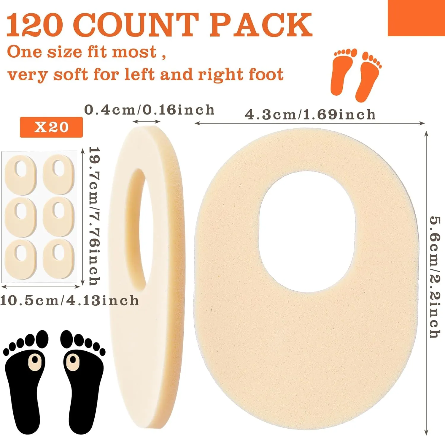 Nuanchu 120 Count Soft Foam Callus Cushions Oval Corn Cushion Self Stick Adhesive Foot Care Pads Waterproof Corn Protectors for Feet Women Men, Beige