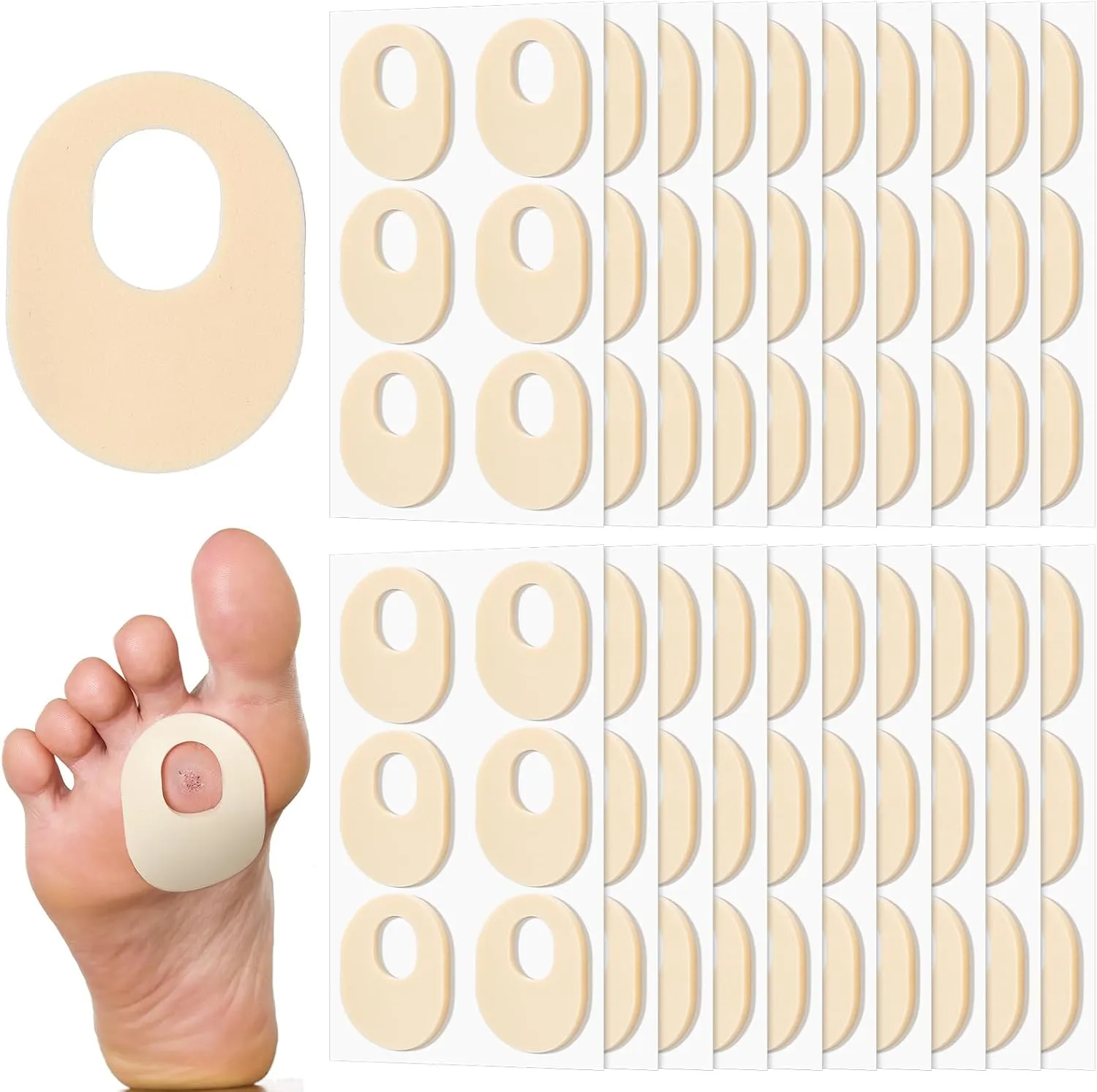 Nuanchu 120 Count Soft Foam Callus Cushions Oval Corn Cushion Self Stick Adhesive Foot Care Pads Waterproof Corn Protectors for Feet Women Men, Beige