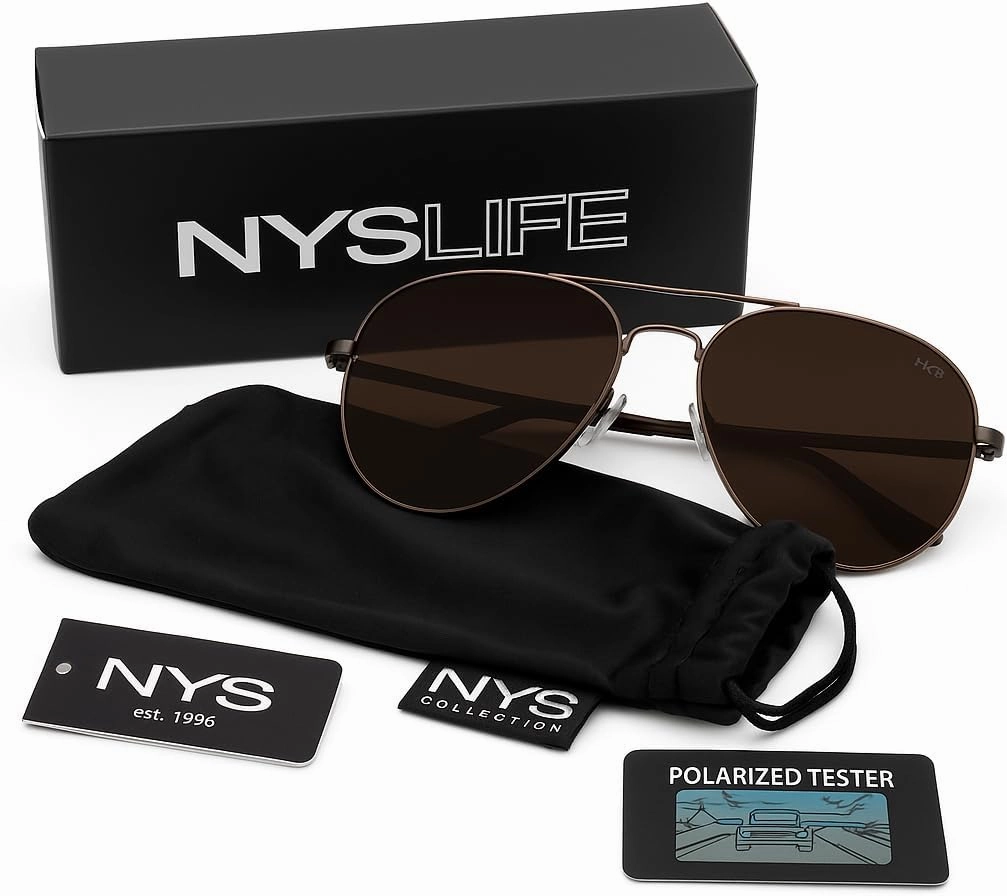 NYS Collection Premium Polarized Classic Aviator Sunglasses, Lightweight Frame, 63mm Lenses, UV400 for Men & Women
