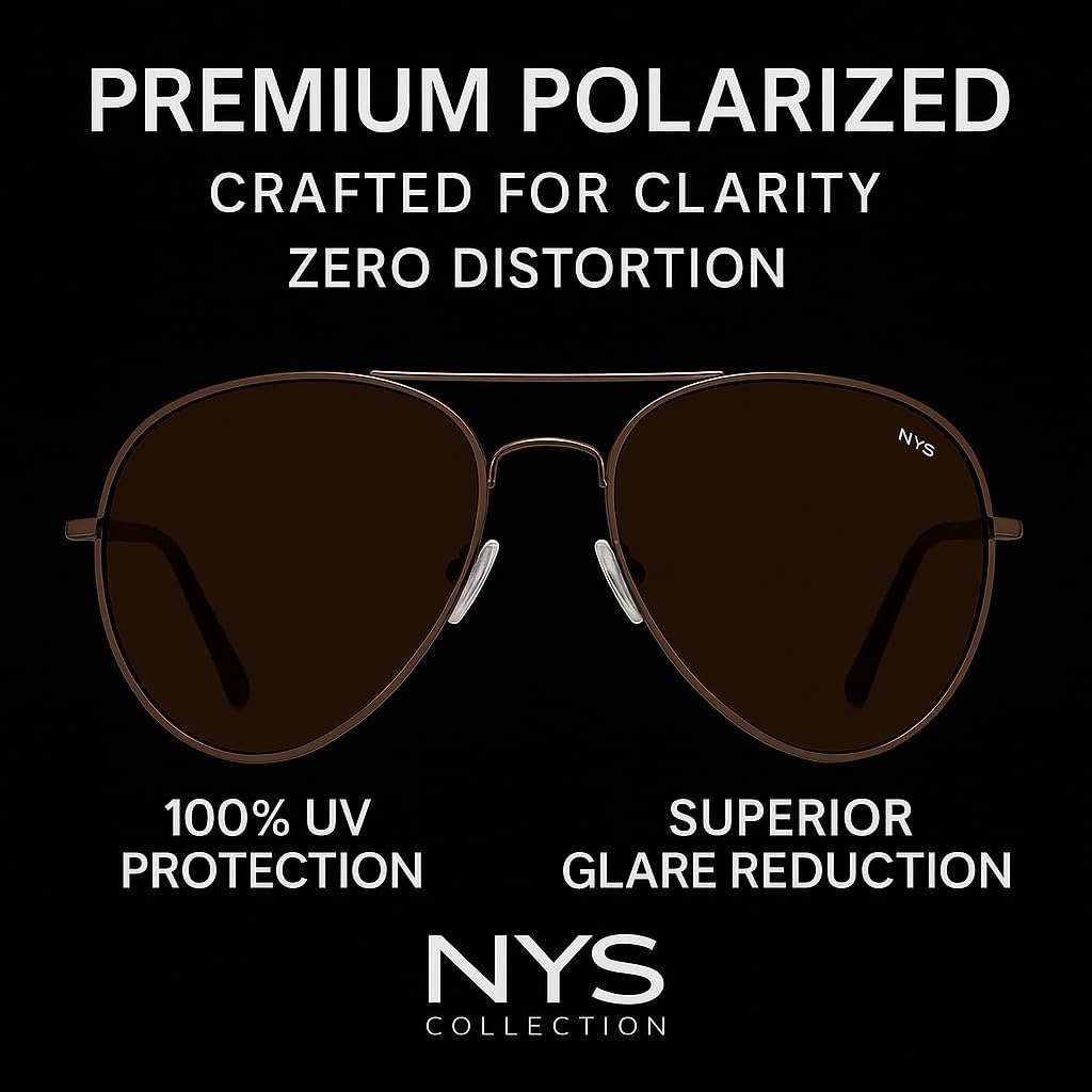 NYS Collection Premium Polarized Classic Aviator Sunglasses, Lightweight Frame, 63mm Lenses, UV400 for Men & Women